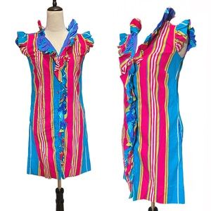 Vintage 60s Striped Ruffle Collar Mod Mini Dress Sz Small